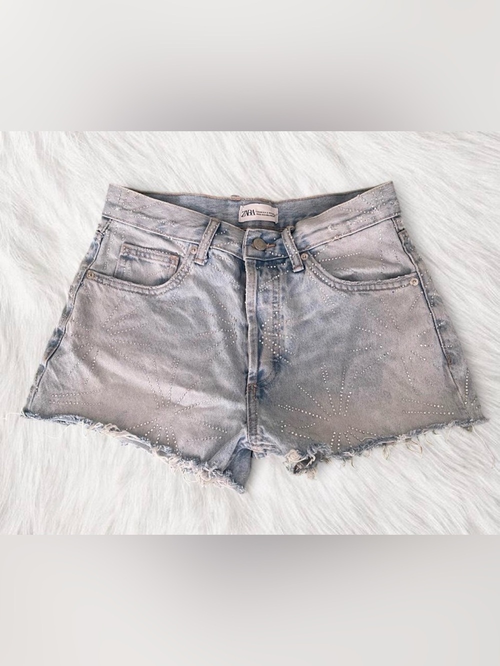 Zara Rhinestone Blue Denim Jean Shorts - Picture 3 of 4